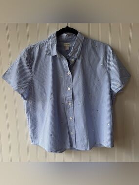 J.Crew Embellished Stripe Button Down Shirt Blue White Short Sleeve Top L
